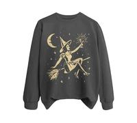Felpe di Halloween da donna pullover con stampa strega larga manica lunga felpe con cappuccio grafica Halloween sport tempo libero all'aperto girocollo top autunno e inverno, Grigio scuro, L