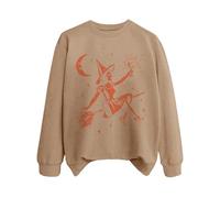 Felpe di Halloween da donna pullover con stampa strega larga manica lunga felpe con cappuccio grafica Halloween sport tempo libero all'aperto girocollo top autunno e inverno, cachi, L