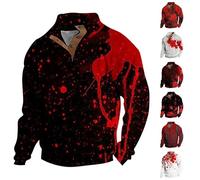 Felpe di Halloween per gli uomini Stampa Macchia di Sangue Button Up Stand Collar Pullover Top con Motivo Splatter Manica Lunga Henley Maglioni Costumi Vacanze, Sanguinoso-6, XL
