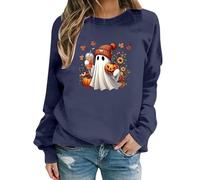 Felpe di Halloween per le donne Vintage Fleece Pullover Top Cranio Stampato Classico Autunno Zucca Crewneck Maglioni Inverno Femminile Streetwear, Marina Militare, 3XL