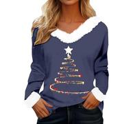 Felpe di Natale da donna Autunno Cartoon Stampato Camicetta Vintage Albero di Natale Manica Lunga Pile Scollo a V Tunica Camicie allentato Y2k Femminile Te, Marina Militare, 3XL
