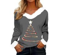 Felpe di Natale da donna Autunno Cartoon Stampato Camicetta Vintage Albero di Natale Manica Lunga Pile Scollo a V Tunica Camicie allentato Y2k Femminile Te, Grigio scuro, L