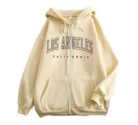 Felpe Donna Con Cerniera, Felpa Donna Con Cappuccio A Los Angeles Lettere Stampato Moda Sciolto Manica Lunga Casual Cappotto Sport Tasche E Coulisse Hip Hop Semplice Confortevole Tinta Unita Hoodie