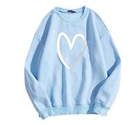 Felpe Gatto Felpa Calda da Donna alla Moda, Manica Lunga Casual, con Scollo a O, Morbida Camicia Stampata a Cuore d', Felpe Invernali da Donna Adesivi Abbigliamento (Light Blue, M)