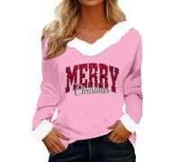 Felpe natalizie da donna all'aperto pullover a maniche lunghe di Natale vintage stampato in peluche scollo a V tunica top oversize inverno vestiti da donna, rosa, M