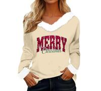 Felpe natalizie da donna all'aperto pullover a maniche lunghe di Natale vintage stampato in peluche scollo a V tunica top oversize inverno vestiti da donna, Beige, L