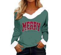 Felpe natalizie da donna all'aperto pullover a maniche lunghe di Natale vintage stampato in peluche scollo a V tunica top oversize inverno vestiti da donna, Verde scuro, M
