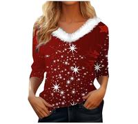 Felpe natalizie da donna UK Y2k bicchiere di vino maglietta a maniche lunghe vintage con stampa cartone animato in pile scollo a V camicie a tunica autunno leggero magliette per ragazze, vino, M