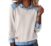 Felpe patchwork in denim da donna Colletto con risvolto Vintage Cuciture Patchwork Camicia di jeans Plus Size Elegante Casual Color Block Pullover Top a maniche lunghe Moda Primavera Uscire Top
