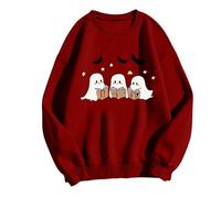 Felpe per le donne Girocollo Maniche Lunghe Pullover Top Oversize Tinta Unita Bella Little Ghost Stampato Casual Carino Trendy Felpa Plus Size Halloween Felpa, Rosso, L