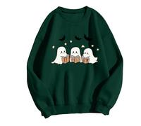 Felpe per le donne Girocollo Maniche Lunghe Pullover Top Oversize Tinta Unita Bella Little Ghost Stampato Casual Carino Trendy Felpa Plus Size Halloween Felpa, Verde scuro, S