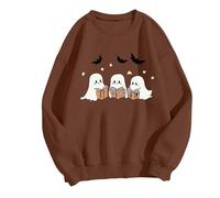 Felpe per le donne Girocollo Maniche Lunghe Pullover Top Oversize Tinta Unita Bella Little Ghost Stampato Casual Carino Trendy Felpa Plus Size Halloween Felpa, Marrone, XXL