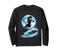 Female Anime Ninja Warrior with Swords Under Full Moon Maglia a Manica
