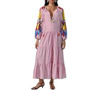 FeMereina en Boho floreale Maxi abito manica a sbuffo fluente abito lungo scollo a V abito camicia vestibilità ampia bohemien a strati prendisole, Rosso #2., L