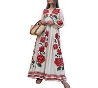 FeMereina en Boho floreale Maxi abito manica a sbuffo fluente abito lungo scollo a V abito camicia vestibilità ampia bohemien a strati prendisole, Rosso #1., L