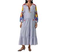 FeMereina en Boho floreale Maxi abito manica a sbuffo fluente abito lungo scollo a V abito camicia vestibilità ampia bohemien a strati prendisole, Blu #2., L