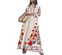 FeMereina en Boho floreale Maxi abito manica a sbuffo fluente abito lungo scollo a V abito camicia vestibilità ampia bohemien a strati prendisole, Colore: bianco., L