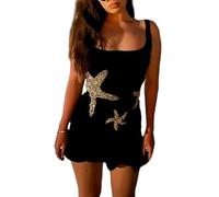 FeMereina Mini abito da donna a forma di stella marina con paillettes, scollo quadrato, orlo a volant, senza maniche, bodydon, abito da spiaggia, Nero , L