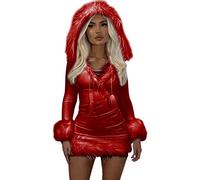 FeMereina Mini abito natalizio da donna, con spalle scoperte, con bordo peloso, top e gonna corta a vita alta, per feste in costume (Z-rosso, M)