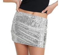 FeMereina Minigonna da donna con paillettes scintillante, a vita bassa, gonna glitterata, sexy, per serate fuori, feste, Argento, S