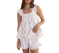 FeMereina Pigiama estivo da donna, 2 pezzi, senza maniche, con volant, schiena scoperta, crop top + pantaloncini con volant in tinta unita Set pigiama da notte, Colore: bianco., M
