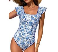 FemiChic Costume da Nuoto Intero con Design retrò: Scollo Quadrato, Volant Doppi e Bordi Decorativi. Coppe Asportabili e Schiena con Cut-out per Un Look Elegante(Fiorellini Blu,L)