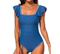 FemiChic Costume da Nuoto Intero con Design retrò: Scollo Quadrato, Volant Doppi e Bordi Decorativi. Coppe Asportabili e Schiena con Cut-out per Un Look Elegante(Blu,L)