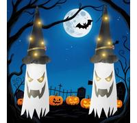 FemKey Halloween Decorazioni, 2 Pezzi LED Fantasma con Cappello Strega da Appendere con 3 modalità, Luci Addobbi Halloween per Esterno Interno, Decorazione per Feste, Giardino, Anteriore, Patio, Yard