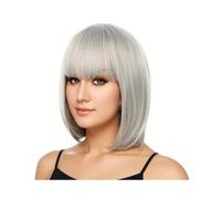 Femmes Cheveux Parrucca corta Bob con frangia, parrucche sintetiche lisce grigie da 12 pollici for donne Extension per Capelli
