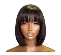 Femmes Cheveux Parrucca corta e liscia con frangia, capelli umani, senza colla, densità 180, nero naturale Extension per Capelli(16inch)