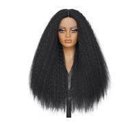 Femmes Cheveux Parrucca frontale in pizzo sintetico afro-yaki con parte centrale a T, 28 pollici, Kinky 13x5x1, for donne nere Extension per Capelli(Natural Black)