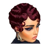 Femmes Cheveux Parrucche corte ricce for donne nere Parrucca corta Pixie Cut con capelli umani, nero naturale con frangia Extension per Capelli(BUG)