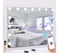 FENCHILIN Grande specchio per il trucco con altoparlante, Luce 3 modalità Hollywood, 15 lampadine LED, dimmerabile, da Tavolo, da Parete