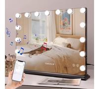 FENCHILIN Specchio trucco con Luci e altoparlante Specchio 15 lampadine LED Specchio per trucco con luci dimmerabile e 3 modalità di luce Grande Specchio da Tavolo da Parete con luce Hollywood