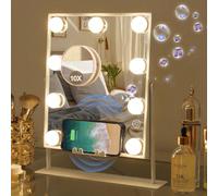 FENCHILIN Specchio trucco, LED illuminato, trucco Hollywood 9 lampadine, 3 modalità colore, specchio trucco rotante 10x lente d'ingrandimento, bianco 25x30 cm Lo specchio per il trucco con illuminazio