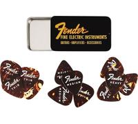 Fender Fine Electric Pick Tin, 12 Plettri in Celluloide Forma 351, Mix di 3 Spessori, Scatola da Collezione, Design Tartarugato, Plettri per Chitarra Elettrica e Acustica