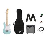 Fender FSR Squier Electric Mini Stratocaster Kit Chitarra Elettrica, Daphne Blue, Ideale Per Principianti. Include Amplificatore, Cavo, Tracolla, Plettri e Accordatore Clip-On.