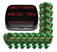Fender - Plettri in celluloide per chitarra, 12 x Green Moto Heavy 351, in una pratica scatola di latta