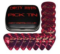 Fender - Plettri in celluloide per chitarra, 12 x Red Moto - 4 x sottili, 4 x medie, 4 x pesanti, stile 351 in una pratica scatola di latta