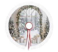 Fenêtres Cintrées Réalistes Jupe De Sapin De Noël - Grande Ronde Tapis Couvre-Pied Dessous De Sapin Couverture Ronde Avec Design Boîte Cadeau Blanc Forêt - Blanc - 76cm