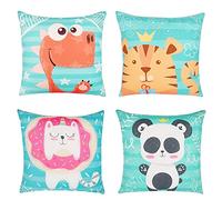 FenFang Fodera per Cuscino Velluto 45x45 cm, 4 Pack Federe Cuscini Quadrato Divano Moderni, Copri Cuscino Decorativo Caso con Cerniera, Copricuscini Decorativi per Letto Sedia Bambini (Animale Verde)