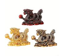 Feng Shui - Drago decorativo in resina, rappresentante il potere e la ricchezza del buon auspicio cinese, per spazi espositivi (oro+bronzo+mogano)
