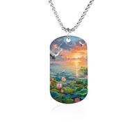 Feng Shui fiore di loto che sboccia collana commemorativa in acciaio titanio rettangolare tag catena ciondolo gioielli regalo