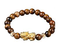 Feng Shui Ricchezza Pixiu Bracciale da uomo Occhio di Tigre Giallo Pietra Pixiu Pi Yao Bracciale Elastico Bracciale Elastico Intagliato a mano Mantra Perlina Talismano per la prosperità del denaro
