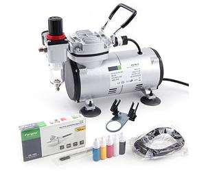 Fengda Kit aerografo di base con compressore FD-18-2 con potente pressione di esercizio e forte flusso d'aria, aerografo FE-130, manuale e accessori, Grigio
