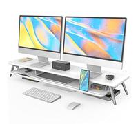 Fenge Supporto Monitor Doppio in Legno, Supporto per Monitor a 2 Strati con Ampio Spazio di Archiviazione e Supporto per Telefono/Tablet 108x23,5x14,5cm (Bianco)