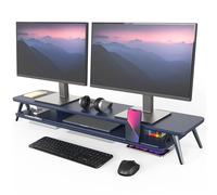 Fenge Supporto Monitor Doppio in Legno, Supporto per Monitor a 2 Strati con Ampio Spazio di Archiviazione e Supporto per Telefono/Tablet 108x23,5x14,5cm Blu