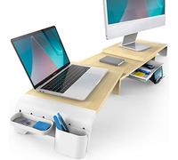 Fenge Supporto Monitor Regolabile in Lunghezza e Angolazione per 2 Monitor Supporto per Monitor in Legno con Cassetto, Scatole Di Stoccaggio Mobili 74-107x 23,5x 8,9cm Colore Quercia G04B1101C
