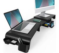 Fenge Supporto Monitor Regolabile in Lunghezza e Angolazione per 2 Monitor Supporto per Monitor in Legno con Cassetto, Scatole Di Stoccaggio Mobili 75-119x 23,5x 8,9cm Nero G04C1122B