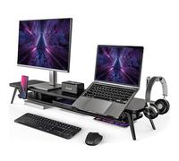 Fenge Supporto per Doppio Monitor con Supporto per Laptop/Telefono, Supporto per Computer a 2 Strati con Ampio Spazio di Archiviazione, 108x23,5x14,5cm Capacità di Carico 50KG (Nero)
